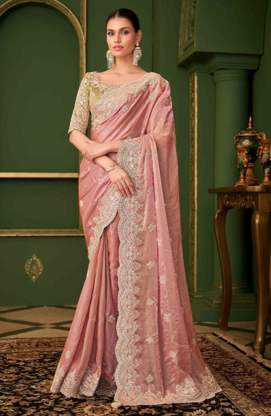 Blush Pink Embroidered Satin Georgette Silk Saree