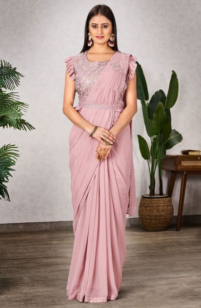 Blush Pink Embroidered Shimmer Georgette Ready to Wear Saree