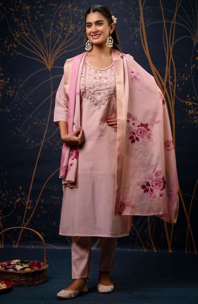Blush Pink Embroidered Shimmer Silk Readymade Suit