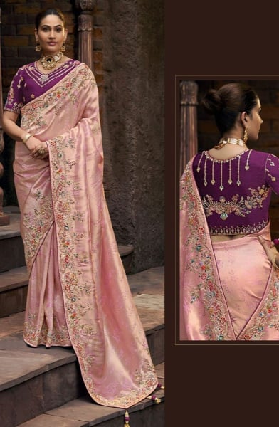 Blush Pink Embroidered Viscose Tissue Designer Saree