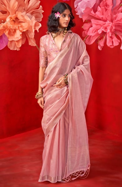 Blush Pink Handloom Weaving Tissue Silk Saree