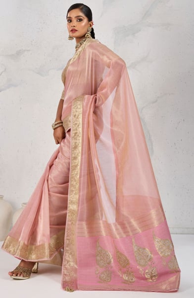 Blush Pink Handwork Tissue Linen Saree