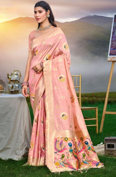 Blush Pink Heavy Assam Silk Meena Work Saree for Festival