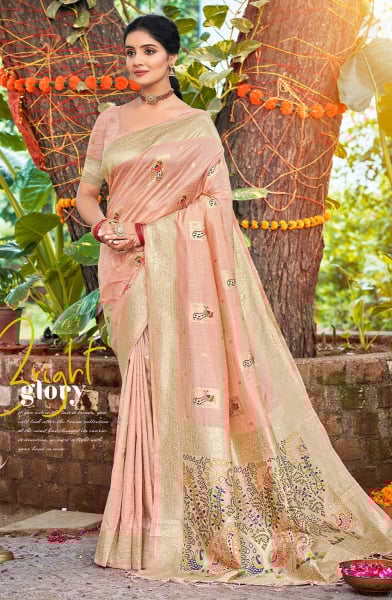 Blush Pink Heavy Assam Silk Meena Work Saree for Festival