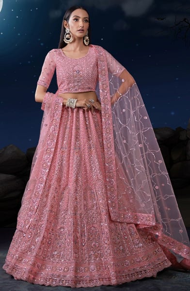 Blush Pink Net Heavy Sequins Embroidered Lehenga Choli Set