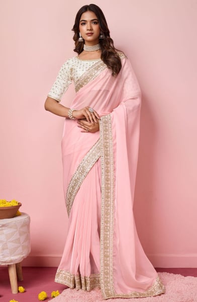 Blush Pink Organza Saree with Embroidered Blouse