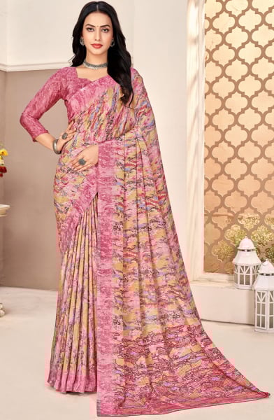 Blush Pink Printed Silk Crepe Saree