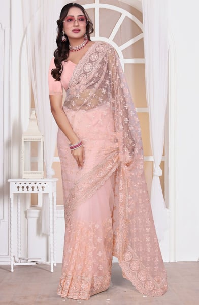 Blush Pink Resham Embroidered Net Saree