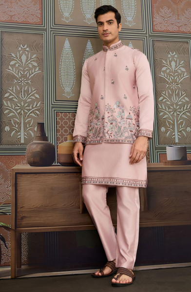 Blush Pink Silk Sequins Embroidered Kurta Set with Jacket