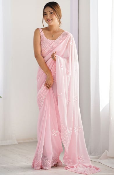 Blush Pink Thread Embroidered Georgette Saree