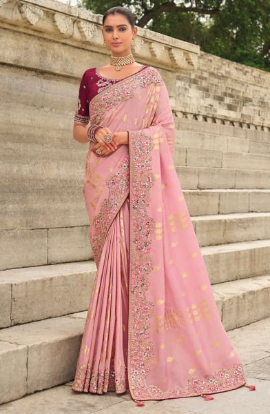 Blush Pink Tissue Silk Embroidered Designer Saree 