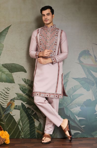 Blush Pink Viscose Silk Embroidered Kurta for Festival