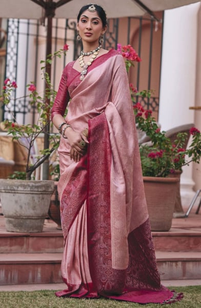 Blush Pink Zari Woven Satin Saree for Wedding