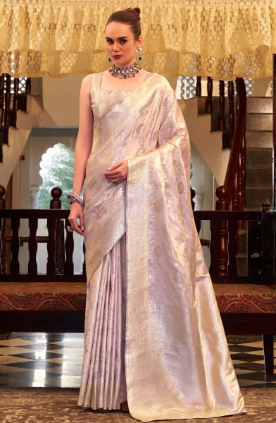 Blush Pink Zari Woven Satin Silk Saree