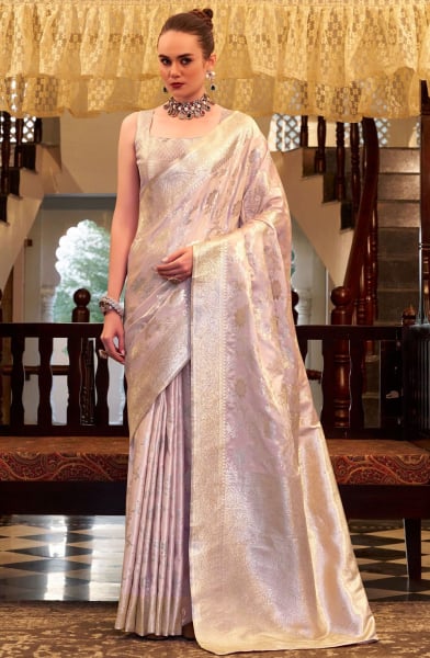 Blush Pink Zari Woven Satin Silk Saree