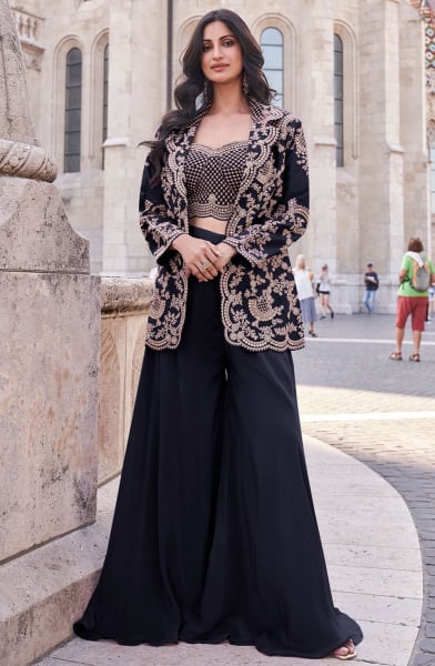 Midnight Blue Embroidered Silk Designer IndoWestern