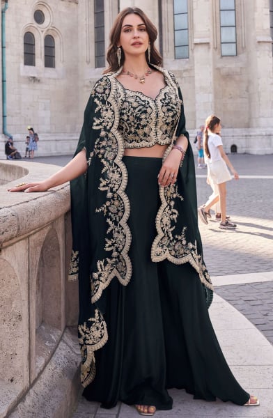 Navy Blue Embroidered Silk Designer IndoWestern