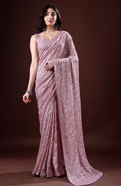 Bollywood Inspired Baby Pink Sequined Georgette Saree