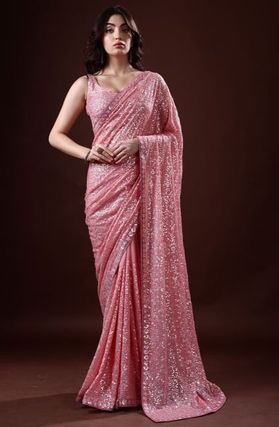 Bollywood Inspired Carnation Pink Sequined Georgette Saree