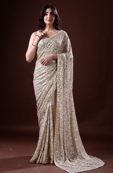 Bollywood Inspired Off White Sequined Georgette Saree