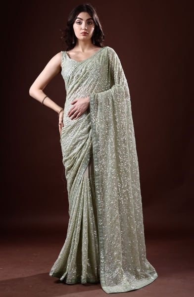 Bollywood Inspired Pastel Green  Sequined Georgette Saree
