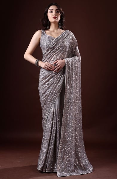 Bollywood Inspired Soft Grey Sequined Georgette Saree