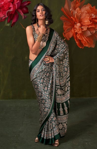 Bottle Green Ajrakh Print Satin Crepe Saree