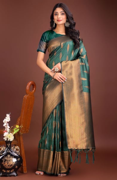 Bottle Green Banarasi Silk Woven Saree