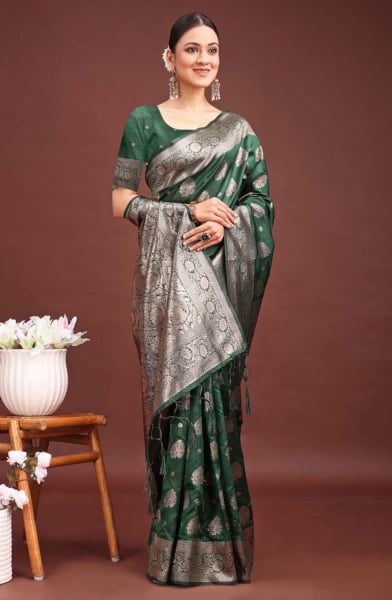 Bottle Green Banarasi Silk Woven Saree