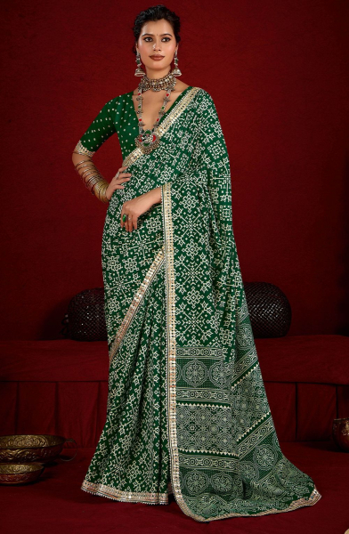 Bottle Green Boutique Print Velvet Tussar Silk Saree