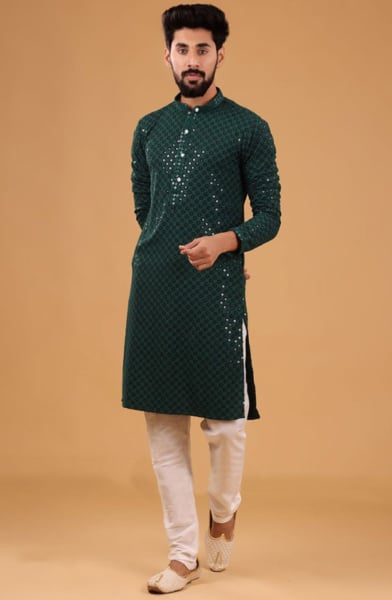 Bottle Green Chikankari Rayon Kurta Set for Festival