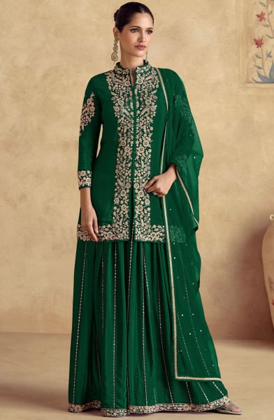 Bottle Green Chinnon Silk Designer Palazzo Kameez