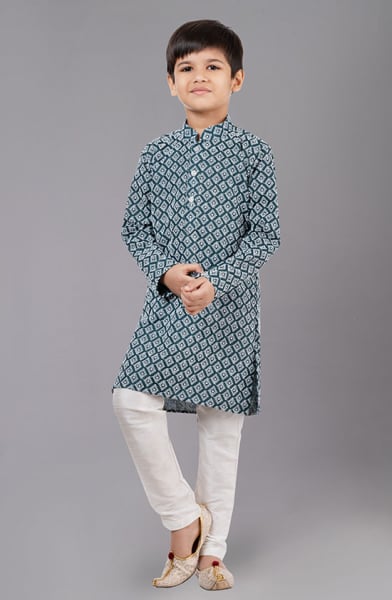 Bottle Green Cotton Silk Kids Kurta Set