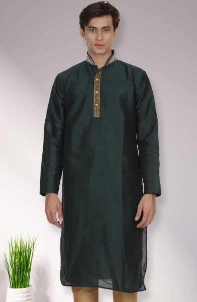 Bottle Green Dupion Silk Men Plus Size Kurta