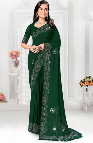 Bottle Green Embellished Faux Chiffon Saree