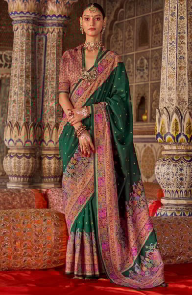Bottle Green Embellished Viscose Silk Saree