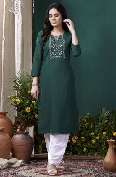 Bottle Green Embroidered Cotton Kurti with Bottom