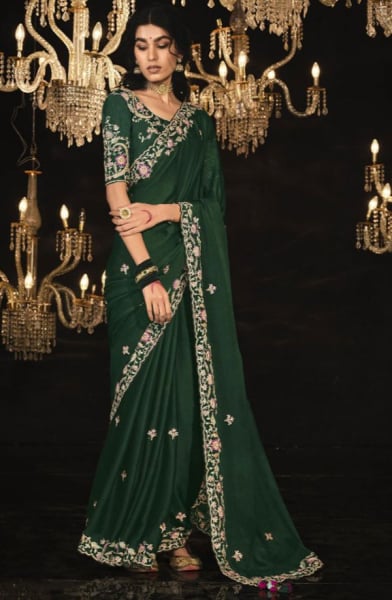 Bottle Green Embroidered Designer Saree for Wedding