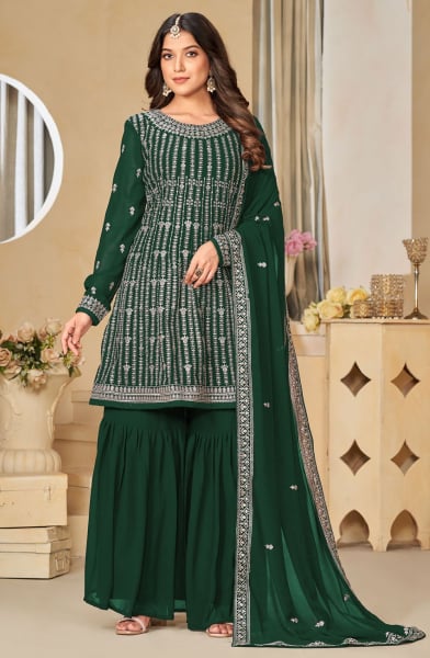 Bottle Green Embroidered Faux Georgette Sarara Kameez