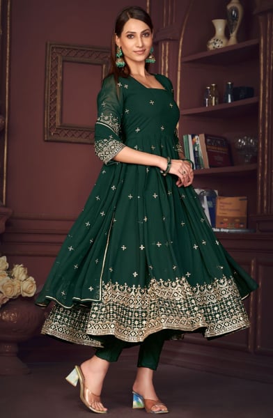 Bottle Green Embroidered Georgette Anarkali Suit