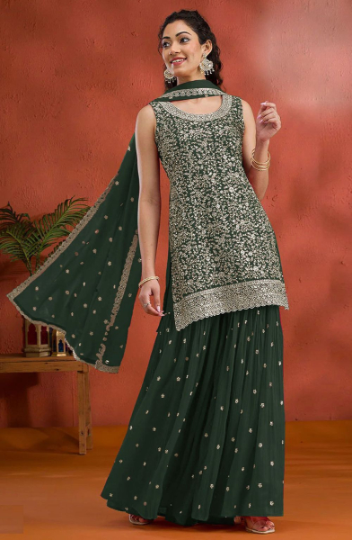 Bottle Green Embroidered Georgette Sarara Kameez