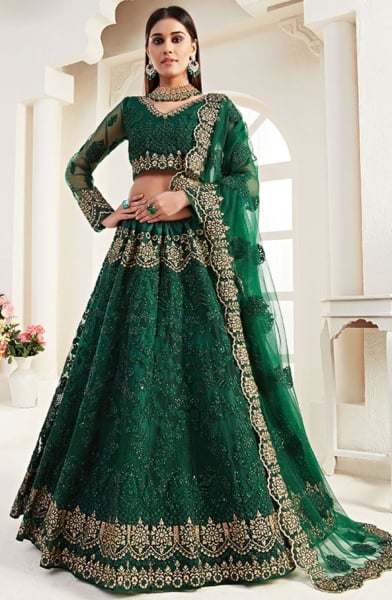 Bottle Green Embroidered Net Bridal Lehenga Choli for Wedding