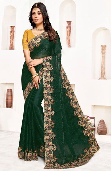 Bottle Green Embroidered Satin Silk Saree