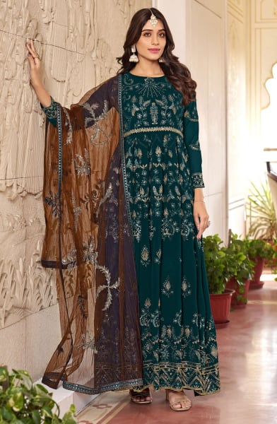 Bottle Green Faux Georgette Heavy Embroidered Designer Suit
