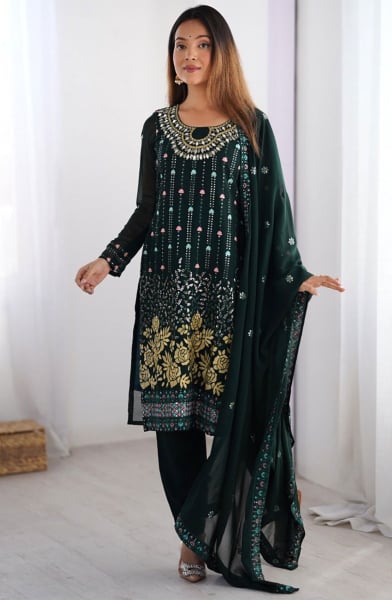 Bottle Green Faux Georgette Readymade Pant Kameez Suit