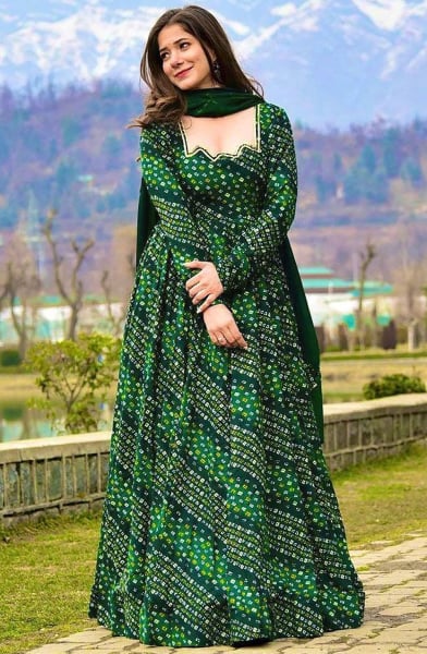 Bottle Green Flared Rayon Gown with Dupatta