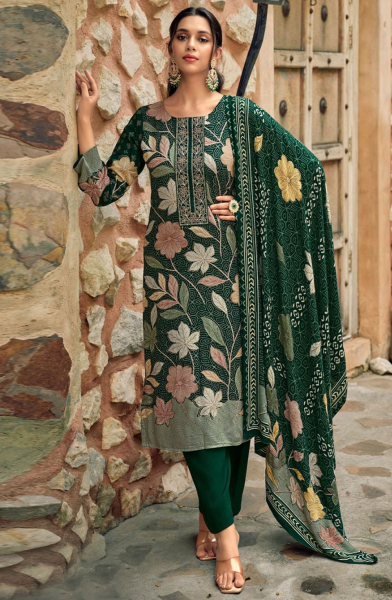 Bottle Green Floral Print Pashmina Pant Kameez