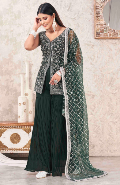 Bottle Green Georgette Embroidered Sarara Kameez Suit