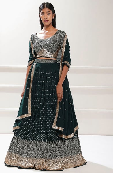 Bottle Green Georgette Heavy Designer Lehenga Choli Set for Wedding