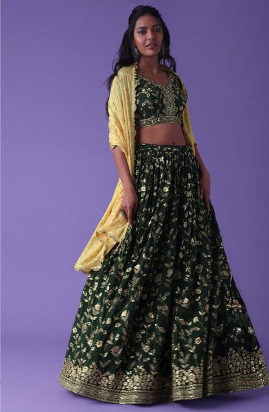 Bottle Green Georgette Heavy Designer Lehenga Choli Set for Wedding